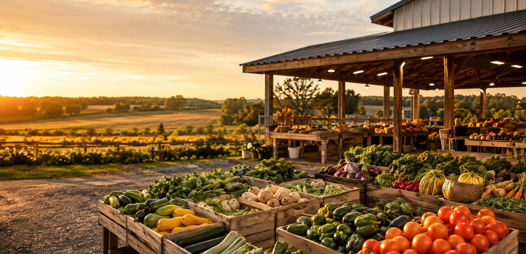 Fresh produce market at golden hour